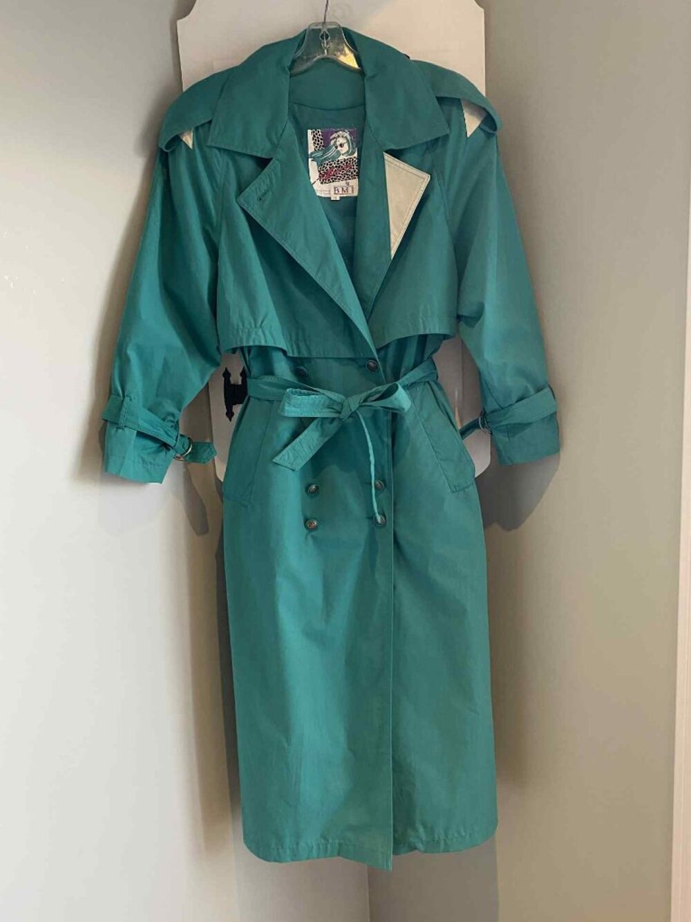 Vintage corset back 1980s or early 90s trench coat in teal 7/8 Medium BMI jacket